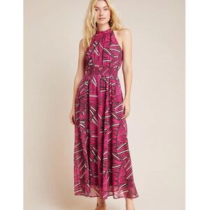 Anthropologie Maeve Pink Tropical Palm Halter Maxi Dress Size XS Extra Small NWT
